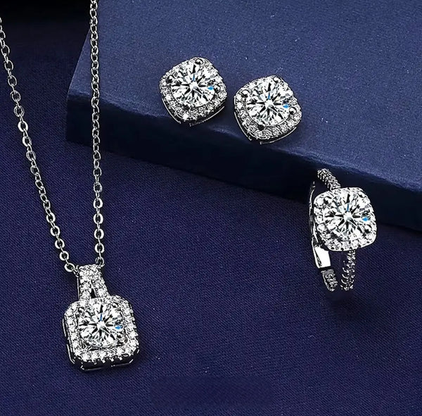 MoUi. New Silver Rhinestone Earrings, Necklace And Ring Set
