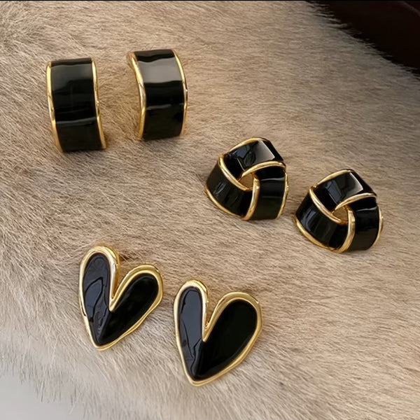 MoUi. NEW French Retro Black Drip Glaze Stud Earrings